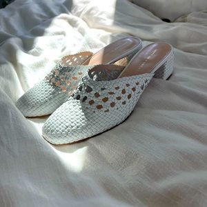 New Loeffler Randall Lulu Mule - White Leather woven block heel mule